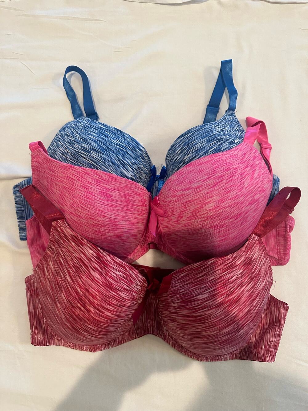 Viola's Secret Underwire 3 pack Padded Bra 42DD pink, red and blue brassieres